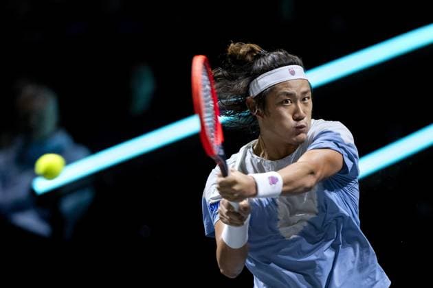 ROTTERDAM - Zhizhen Zhang (CHN) in action against Alexander Shevchenko (KAZ) during the second day of the ABN AMRO Open tennis tournament in Ahoy. ANP SANDER KONING ABN AMRO Open 2024 xVIxANPxSportx xxANPxIVx 491020898 originalFilename: 491020898.jpg