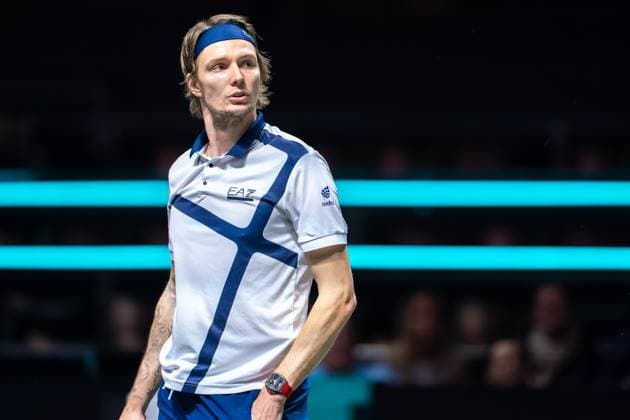 2024-02-13 ABN AMRO Open 2024 - Day 2 ROTTERDAM, NETHERLANDS - FEBRUARY 13: Alexander Bublik of Kazakhstan during Day 2 of the ABN AMRO Open 2024 at Ahoy on February 13, 2024 in Rotterdam, Netherlands. (Photo by Joris Verwijst BSR Agency) Rotterdam Netherlands Content not available for redistribution in The Netherlands directly or indirectly through any third parties. Copyright: xBSRxAgencyx