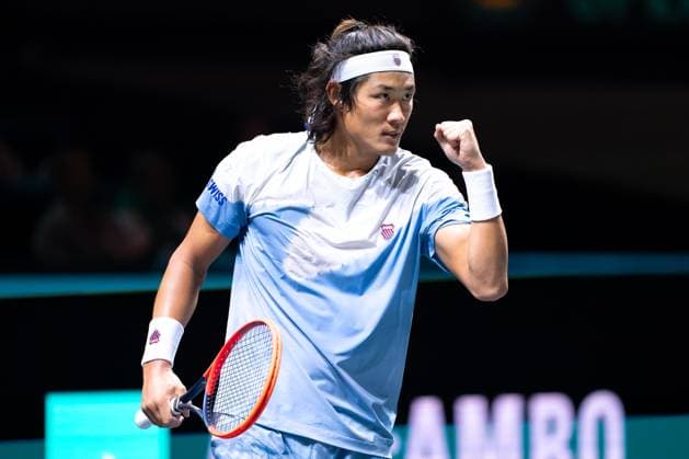 2024-02-13 ABN AMRO Open 2024 - Day 2 ROTTERDAM, NETHERLANDS - FEBRUARY 13: Zhang Zhizhen of China celebrates during Day 2 of the ABN AMRO Open 2024 at Ahoy on February 13, 2024 in Rotterdam, Netherlands. (Photo by Joris Verwijst BSR Agency) Rotterdam Netherlands Content not available for redistribution in The Netherlands directly or indirectly through any third parties. Copyright: xBSRxAgencyx