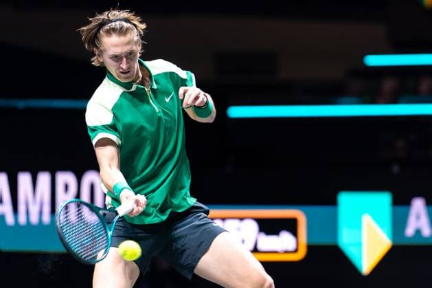 2024-02-13 ABN AMRO Open 2024 - Day 2 ROTTERDAM, NETHERLANDS - FEBRUARY 13: Sebastian Korda of USA during Day 2 of the ABN AMRO Open 2024 at Ahoy on February 13, 2024 in Rotterdam, Netherlands. (Photo by Joris Verwijst BSR Agency) Rotterdam Netherlands Content not available for redistribution in The Netherlands directly or indirectly through any third parties. Copyright: xBSRxAgencyx