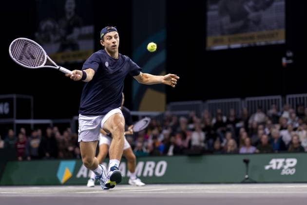 ROTTERDAM - Tallon Greekpoor and Bart Stevens (BEL) in action against Sander Gille and Joran Vliegen (BEL) during the second day of the ABN AMRO Open tennis tournament in Ahoy. ANP SANDER KONING ABN AMRO Open 2024 xVIxANPxSportx xxANPxIVx 491035839 originalFilename: 491035839.jpg