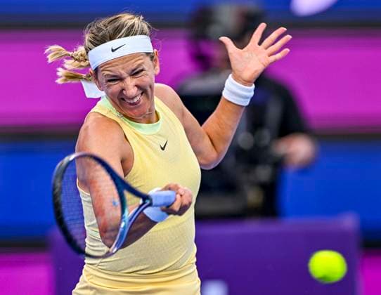 Qatar TotalEnergies Open - Day 3 Victoria Azarenka is in action during her first-round match against Xinyu Wang of China at the WTA, Tennis Damen 1000-Qatar TotalEnergies Open tennis tournament at the Khalifa International Tennis Complex in Doha, Qatar, on February 13, 2024. DOHA Qatar  Copyright: xNoushadxThekkayilx originalFilename:varittyakkal-qatartot240213_np7do.jpg