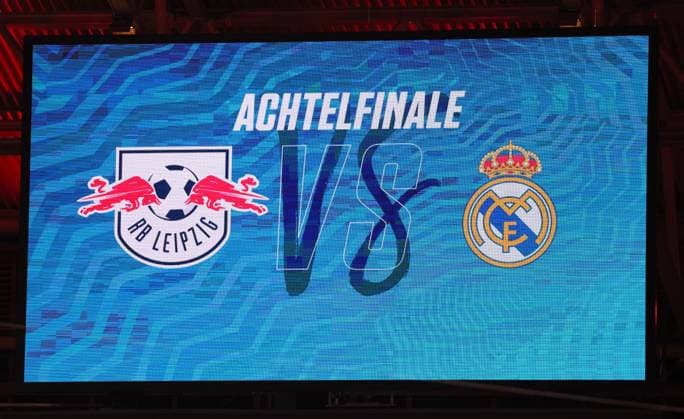 RB Leipzig Real Madrid Champions League Leipzig, 13 02 2024, Red Bull Arena, Football, UEFA Champions League, Round of 16 , RB Leipzig vs Real Madrid , In the picture stadium view before the match scoreboard , Only editorial use , UEFA regulations prohibit any use of photographs as image sequences and or quasi video ,
