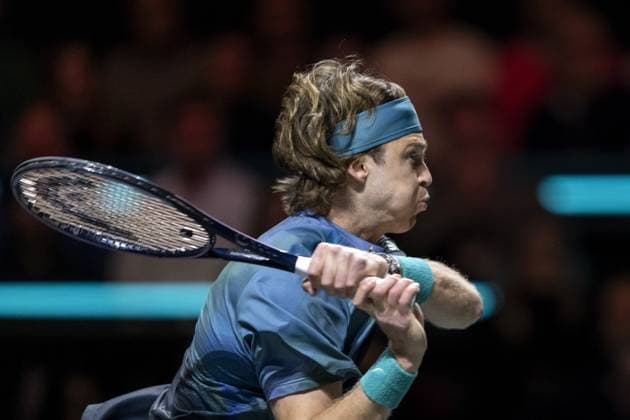 ROTTERDAM - Andrey Rublev of Russia in action against Zizou Bergs of Belgium during the second day of the ABN AMRO Open tennis tournament in Ahoy. ANP SANDER KONING ABN AMRO Open 2024 xVIxANPxSportx xxANPxIVx 491040101 originalFilename: 491040101.jpg