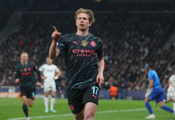 Copenhagen, Denmark, 13th February 2024. Kevin De Bruyne of Manchester City celebrates after scoring the opening goal during the UEFA Champions League match at Telia Parken, Copenhagen. Picture credit should read: Paul Terry Sportimage EDITORIAL USE ONLY. No use with unauthorised audio, video, data, fixture lists, club league logos or live services. Online in-match use limited to 120 images, no video emulation. No use in betting, games or single club league player publications. SPI-2935-0014