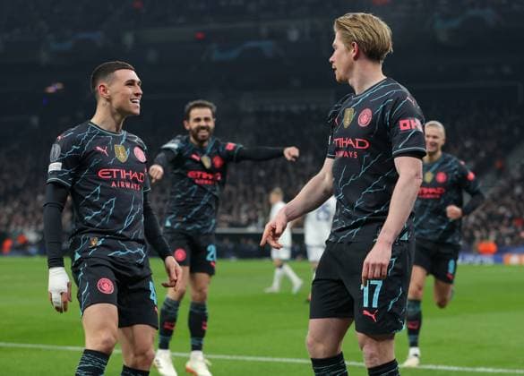 Copenhagen, Denmark, 13th February 2024. Kevin De Bruyne (R) of Manchester City celebrates with Phil Foden after scoring the opening goal during the UEFA Champions League match at Telia Parken, Copenhagen. Picture credit should read: Paul Terry Sportimage EDITORIAL USE ONLY. No use with unauthorised audio, video, data, fixture lists, club league logos or live services. Online in-match use limited to 120 images, no video emulation. No use in betting, games or single club league player publications. SPI-2935-0016
