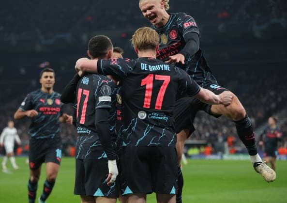 Copenhagen, Denmark, 13th February 2024. Kevin De Bruyne of Manchester City celebrates after scoring the opening goal during the UEFA Champions League match at Telia Parken, Copenhagen. Picture credit should read: Paul Terry Sportimage EDITORIAL USE ONLY. No use with unauthorised audio, video, data, fixture lists, club league logos or live services. Online in-match use limited to 120 images, no video emulation. No use in betting, games or single club league player publications. SPI-2935-0018