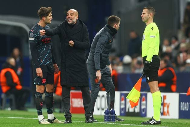 Manchester City manager Pep Guardiola gives instructions from the technical area FC Copenhagen v Manchester City, UEFA Champions League, Round of 16, First Leg, Football, Parken Stadium, Copenhagen, Denmark - 13 Feb 2024 EDITORIAL USE ONLY No use with unauthorised audio, video, data, fixture lists, club league logos or live services. Online in-match use limited to 120 images, no video emulation. No use in betting, games or single club league player publications. Copyright: xKieranxMcManus Shutterstockx 14343227at