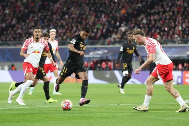 Champions League, Round of 16 RB Leipzig vs Real Madrid, 13 02 24 Rodrygo 11, Real Madrid with the shot attempt Football, UEFA Champions League, 2023 2024 season, Round of 16 RB Leipzig vs Real Madrid on 13 02 24 at Red Bull Arena, Leipzig Copyright: xBEAUTIFULxSPORTS JanxKaeferx