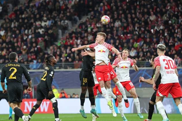 Champions League, Round of 16 RB Leipzig vs Real Madrid, 13 02 24 Dani Olmo 7, RB Leipzig with header defense Football, UEFA Champions League, Season 2023 2024, Round of 16 RB Leipzig vs Real Madrid on 13 02 24 at Red Bull Arena, Leipzig Copyright: xBEAUTIFULxSPORTS JanxKaeferx