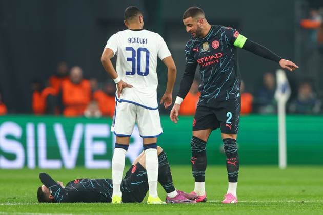 Phil Foden of Manchester City down injured FC Copenhagen v Manchester City, UEFA Champions League, Round of 16, First Leg, Football, Parken Stadium, Copenhagen, Denmark - 13 Feb 2024 EDITORIAL USE ONLY No use with unauthorised audio, video, data, fixture lists, club league logos or live services. Online in-match use limited to 120 images, no video emulation. No use in betting, games or single club league player publications. Copyright: xKieranxMcManus Shutterstockx 14343227ax