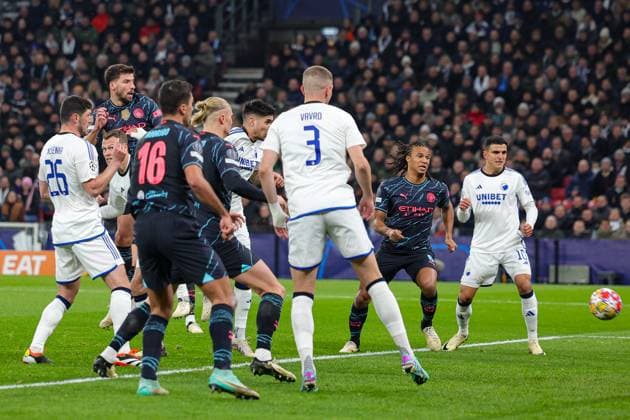 FC Copenhagen v Manchester City Champions League 13 02 2024. Ruben Dias (3) of Manchester City heads towards goal during the Champions League match between FC Copenhagen and Manchester City at Parken Stadium, Copenhagen, Denmark on 13 February 2024. Editorial use only , Copyright: xNigelxKeenex PSI-19018-0020