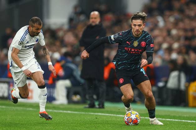 Jack Grealish of Manchester City FC Copenhagen v Manchester City, UEFA Champions League, Round of 16, First Leg, Football, Parken Stadium, Copenhagen, Denmark - 13 Feb 2024 EDITORIAL USE ONLY No use with unauthorised audio, video, data, fixture lists, club league logos or live services. Online in-match use limited to 120 images, no video emulation. No use in betting, games or single club league player publications. Copyright: xKieranxMcManus Shutterstockx 14343227bb