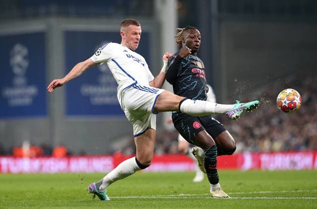 13 02 2024, Football UEFA Champions League 2023 2024, Round of 16, FC Copenhagen Manchester City , at Parken Stadion Copenhagen L R Denis Vavro FC Copenhagen vs Jeremy Doku Manchester City DFL and DFB regulations prohibit any use of photographs as image sequences and or quasi video