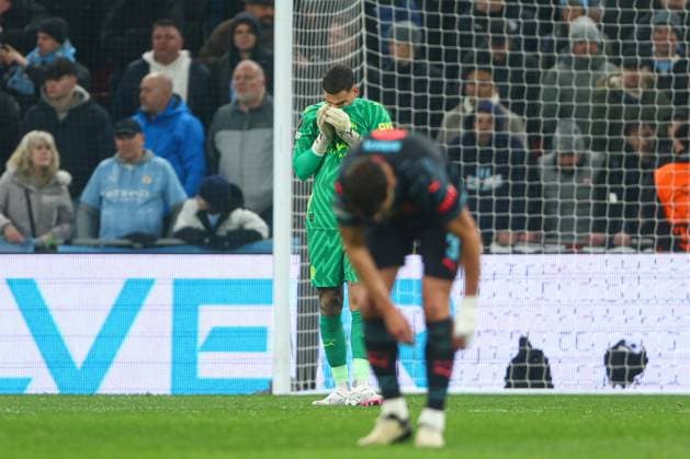 Ederson of Manchester City dejected after their mistakes leads to Magnus Mattsson of F.C. Copenhagen scoring for their side to make it 1-1 FC Copenhagen v Manchester City, UEFA Champions League, Round of 16, First Leg, Football, Parken Stadium, Copenhagen, Denmark - 13 Feb 2024 EDITORIAL USE ONLY No use with unauthorised audio, video, data, fixture lists, club league logos or live services. Online in-match use limited to 120 images, no video emulation. No use in betting, games or single club league player publications. Copyright: xKieranxMcManus Shutterstockx 14343227be