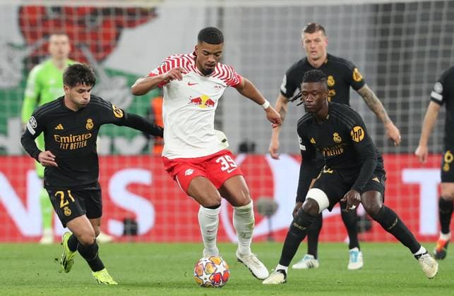 13 02 2024, xtgx, Football UEFA Champions League 1 8 Final, RB Leipzig Real Madrid emspor, v l Brahim Diaz Real Madrid , Benjamin Henrichs RB Leipzig , Alvaro Odriozola Real Madrid DFL DFB REGULATIONS PROHIBIT ANY USE OF PHOTOGRAPHS as IMAGE SEQUENCES and or QUASI VIDEO Leipzig