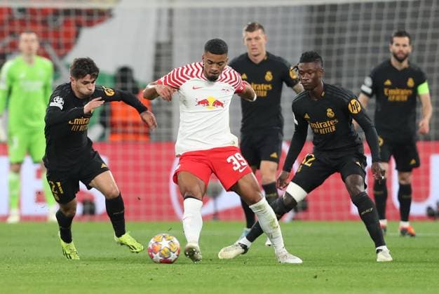 13 02 2024, xtgx, Football UEFA Champions League 1 8 Final, RB Leipzig Real Madrid emspor, v l Brahim Diaz Real Madrid , Benjamin Henrichs RB Leipzig , Alvaro Odriozola Real Madrid DFL DFB REGULATIONS PROHIBIT ANY USE OF PHOTOGRAPHS as IMAGE SEQUENCES and or QUASI VIDEO Leipzig