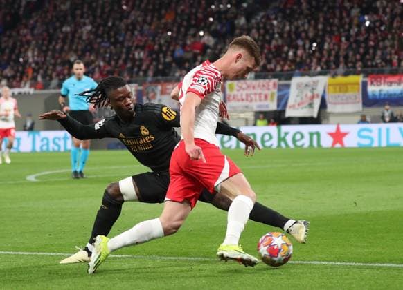 13 02 2024, xgox, Football UEFA Champions League 1 8 Final, RB Leipzig Real Madrid emspor, v l Daniel Olmo RB Leipzig , Alvaro Odriozola Real Madrid DFL DFB REGULATIONS PROHIBIT ANY USE OF PHOTOGRAPHS as IMAGE SEQUENCES and or QUASI VIDEO Leipzig