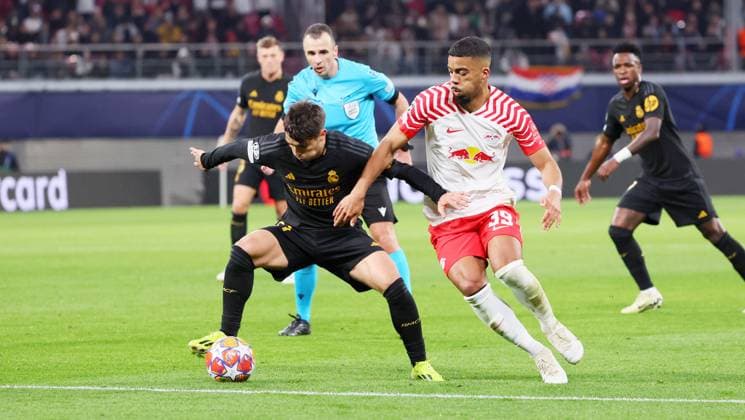 RB Leipzig Real Madrid Champions League Leipzig, 13 02 2024, Red Bull Arena, Football, UEFA Champions League, Round of 16 , RB Leipzig vs Real Madrid , Pictured from left Brahim Diaz 21, Real , Benjamin Henrichs 39, RB Leipzig , Only editorial use , UEFA regulations prohibit any use of photographs as image sequences and or quasi video ,
