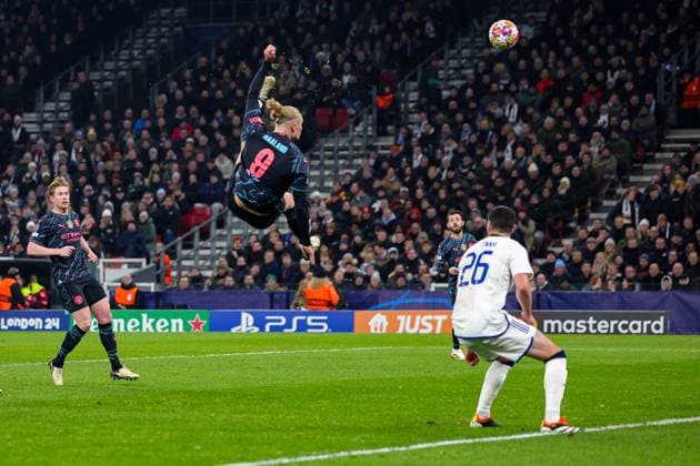 FC Copenhagen v Manchester City Champions League 13 02 2024. Erling Haaland (9) of Manchester City shoots towards the goal during the Champions League match between FC Copenhagen and Manchester City at Parken Stadium, Copenhagen, Denmark on 13 February 2024. Editorial use only , Copyright: xNigelxKeenex PSI-19018-0028