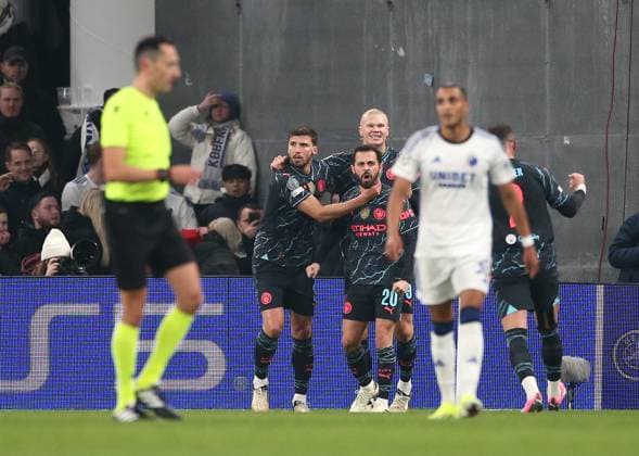 13 02 2024, Football UEFA Champions League 2023 2024, Round of 16, FC Copenhagen Manchester City , at Parken Stadion Copenhagen cheering Manchester City to score 1 2 DFL and DFB regulations prohibit any use of photographs as image sequences and or quasi video