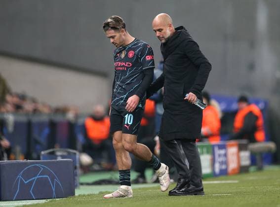 13 02 2024, Football UEFA Champions League 2023 2024, Round of 16, FC Copenhagen Manchester City , at Parken Stadion Copenhagen L R Jack Grealish Manchester City has to leave the pitch injured, coach Pep Guardiola Manchester City DFL and DFB regulations prohibit any use of photographs as image sequences and or quasi video