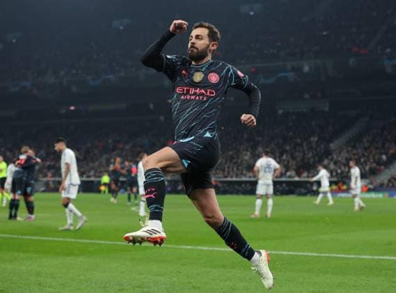 Copenhagen, Denmark, 13th February 2024. Bernardo Silva of Manchester City celebrates after scoring to make it 2-1 during the UEFA Champions League match at Telia Parken, Copenhagen. Picture credit should read: Paul Terry Sportimage EDITORIAL USE ONLY. No use with unauthorised audio, video, data, fixture lists, club league logos or live services. Online in-match use limited to 120 images, no video emulation. No use in betting, games or single club league player publications. SPI-2935-0023