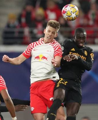 13 02 2024, xtgx, Football UEFA Champions League 1 8 Final, RB Leipzig Real Madrid emspor, v l Daniel Olmo RB Leipzig , Ferland Mendy Real Madrid DFL DFB REGULATIONS PROHIBIT ANY USE OF PHOTOGRAPHS as IMAGE SEQUENCES and or QUASI VIDEO Leipzig