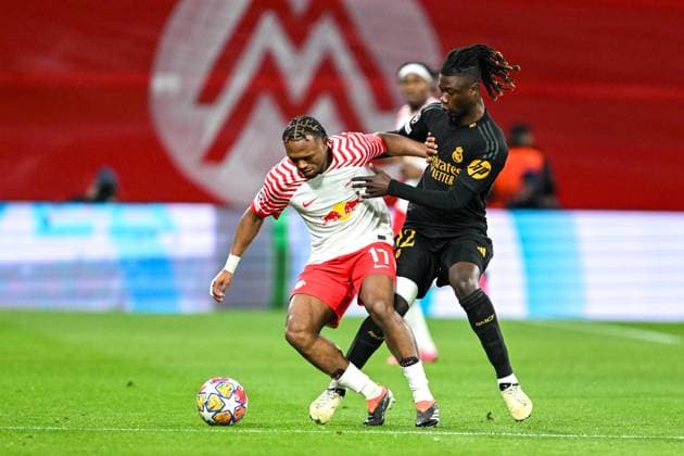 Champions League RB Leipzig Real Madrid on 13 02 2023 at the Red Bull Arena in Leipzig Lois Openda RB Leipzig in a duel against Eduardo Camavinga Real Madird MT