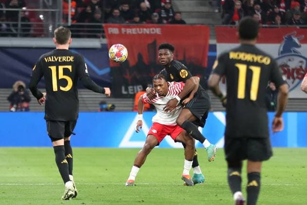 Champions League, Round of 16 RB Leipzig vs Real Madrid, 13 02 24 Tchouameni 18, Real Madrid on Lois Openda 17, RB Leipzig Football, UEFA Champions League, Season 2023 2024, Round of 16 RB Leipzig vs Real Madrid on 13 02 24 at the Red Bull Arena, Leipzig Copyright: xBEAUTIFULxSPORTS JanxKaeferx