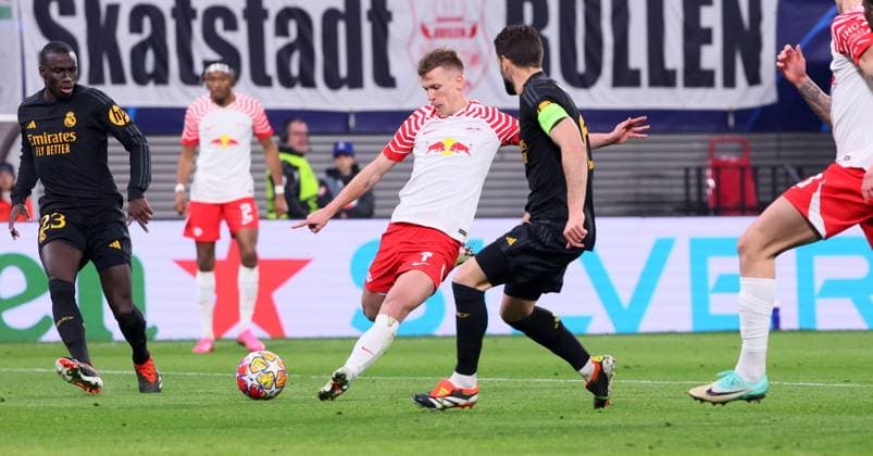 RB Leipzig Real Madrid Champions League Leipzig, 13 02 2024, Red Bull Arena, Football, UEFA Champions League, Round of 16 , RB Leipzig vs Real Madrid , In the picture Goal chance for RB Leipzig Goal shot Dani Olmo 7, RB Leipzig , Only editorial use , UEFA regulations prohibit any use of photographs as image sequences and or quasi video ,