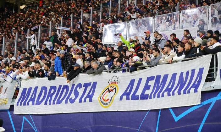 RB Leipzig Real Madrid Champions League Leipzig, 13 02 2024, Red Bull Arena, Champions League, Round of 16 , RB Leipzig vs Real Madrid , In the picture fans of Real Madrid Madridista Alemania , Picture Point