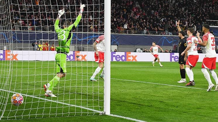Soccer UEFA Champions League, season 2023 2024, round of 16, first leg, RB Leipzig vs Real Madrid 13 02 2024 Benjamin Sesko center forward RB Leipzig, back number 30, 30 center left scores against Andriy Lunin goalkeeper Real Madrid, back number 13 into the goal in the match RB Leipzig vs Real Madrid 13 02 2024 The goal is whistled off for offside due to a foul The goal does not count Leipzig Saxony Germany Red Bull Arena