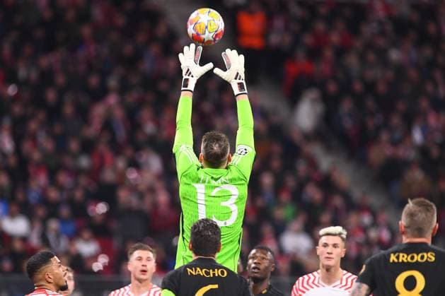 Leipzig, GERMANY - 13.02.24: Andriy Lunin, The match of match UEFA Champion League RB Leipzig vs Real Madrid at Red Bull Arena  Copyright: xVITALIIxKLIUIEVx