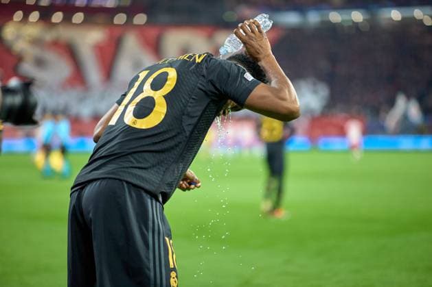 13 02 2024, Football, Men, Champions League, Round of 16, 2023 2024, First leg, RB Leipzig Real Madrid Aurelien Tchouameni 18, Real Madrid , Refreshment before the match Leipzig Red Bull Arena Saxony Germany