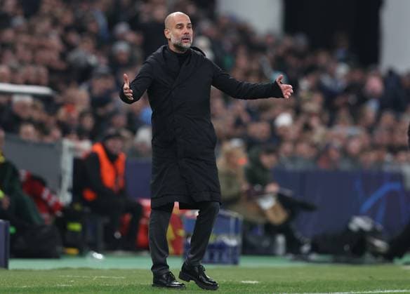 Copenhagen, Denmark, 13th February 2024. Pep Guardiola, Manager of Manchester City reacts during the UEFA Champions League match at Telia Parken, Copenhagen. Picture credit should read: Paul Terry Sportimage EDITORIAL USE ONLY. No use with unauthorised audio, video, data, fixture lists, club league logos or live services. Online in-match use limited to 120 images, no video emulation. No use in betting, games or single club league player publications. SPI-2935-0033