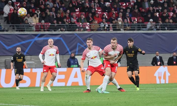 RB Leipzig Real Madrid Champions League Leipzig, 13 02 2024, Red Bull Arena, Champions League, Round of 16 , RB Leipzig vs Real Madrid , Goal for Madrid Scorer Brahim Diaz re , 21, Real scores to 0 1 In the picture from l Xaver Schlager 24, RB Leipzig , Willi Orban 4, RB Leipzig , Lukas Klostermann 16, RB Leipzig and scorer Brahim Diaz 21, Real , Picture Point