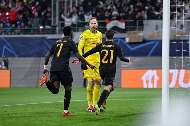 13 02 2024, Football, UCL, UEFA Champions League, Round of 16, Season 2023 2024, RB Leipzig Real Madrid, Brahim Diaz Real Madrid celebrates the 1-0 goal for Real Madrid with Junior Vinicius Real Madrid goalkeeper PÃ ter Gulacsi RB Leipzig xRHR PHOTO TKx Copyright: TeresaxKroeger RHR-FOTOx RHR-FOTO TK