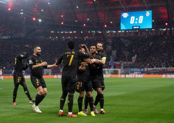 Football, Men, 2023 2024 season, UEFA Champions League round of 16, first leg , RB Leipzig Real Madrid, f l Ferland Mendy, Dani Carvajal, Vinicius Junior, Brahim Diaz all Madrid , cheering after the 1-0 goal, 13 02 2024, Copyright: xSebastianxRäppold MatthiasxKochx