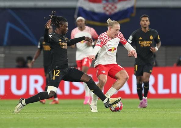 13 02 2024, xtgx, Football UEFA Champions League 1 8 Final, RB Leipzig Real Madrid emspor, v l Alvaro Odriozola Real Madrid , Xaver Schlager RB Leipzig DFL DFB REGULATIONS PROHIBIT ANY USE OF PHOTOGRAPHS as IMAGE SEQUENCES and or QUASI VIDEO Leipzig