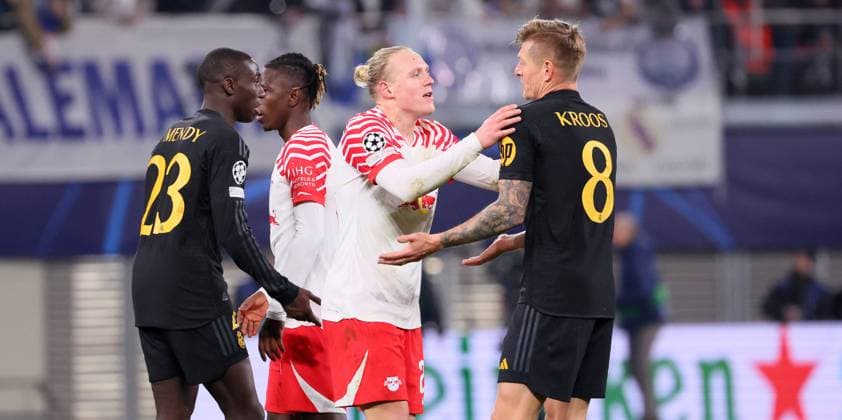 RB Leipzig Real Madrid Champions League Leipzig, 13 02 2024, Red Bull Arena, Football, UEFA Champions League, Round of 16 , RB Leipzig vs Real Madrid , In the picture disagreements with Ferland Mendy 23, Real , Amadou Haidara 8, RB Leipzig , Xaver Schlager 24, RB Leipzig , Toni Kroos 8, Real , Only editorial use , UEFA regulations prohibit any use of photographs as image sequences and or quasi video ,