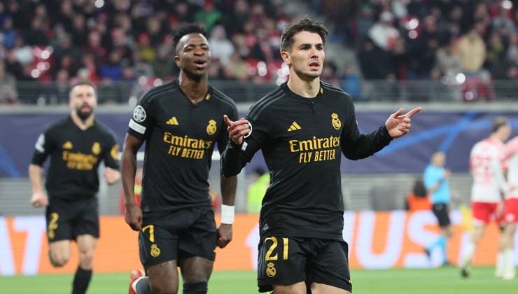 RB Leipzig Real Madrid Champions League Leipzig, 13 02 2024, Red Bull Arena, Champions League, Round of 16 , RB Leipzig vs Real Madrid , Goal for Madrid to 0 1 In the picture scorer Brahim Diaz 21, Real in front of Vinicius Junior 7, Real , Goal celebration , Picture Point