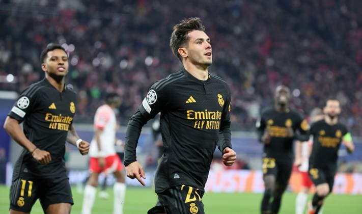 RB Leipzig Real Madrid Champions League Leipzig, 13 02 2024, Red Bull Arena, Champions League, Round of 16 , RB Leipzig vs Real Madrid , Goal for Madrid to 0 1 In the picture scorer Brahim Diaz 21, Real , Goal celebration , Picture Point