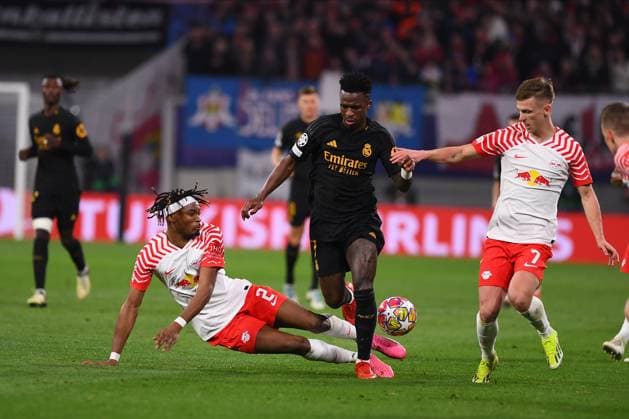 Leipzig, GERMANY - 13.02.24: Vinicius Junior, The match of match UEFA Champion League RB Leipzig vs Real Madrid at Red Bull Arena  Copyright: xVITALIIxKLIUIEVx