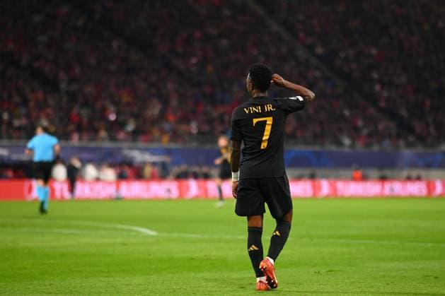 Leipzig, GERMANY - 13.02.24: Vinicius Junior, The match of match UEFA Champion League RB Leipzig vs Real Madrid at Red Bull Arena  Copyright: xVITALIIxKLIUIEVx