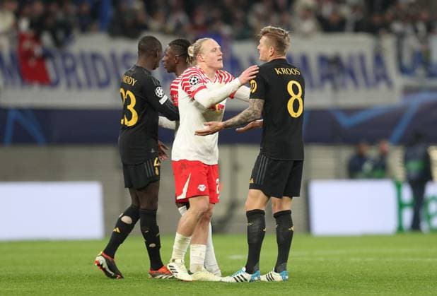 13 02 2024, xtgx, Football UEFA Champions League 1 8 Final, RB Leipzig Real Madrid emspor, v l Ferland Mendy Real Madrid , Amadou Haidara RB Leipzig , Xaver Schlager RB Leipzig , Toni Kroos Real Madrid DFL DFB REGULATIONS PROHIBIT ANY USE OF PHOTOGRAPHS as IMAGE SEQUENCES and or QUASI VIDEO Leipzig