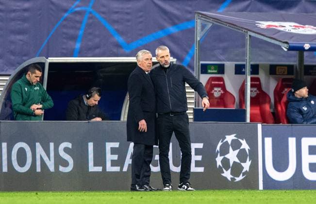 Football, men, 2023 2024 season, UEFA Champions League round of 16, first leg , RB Leipzig Real Madrid, f l the coaches Marco Rose RB and Carlo Ancelotti Madrid , 13 02 2024, Copyright: xSebastianxRäppold MatthiasxKochx