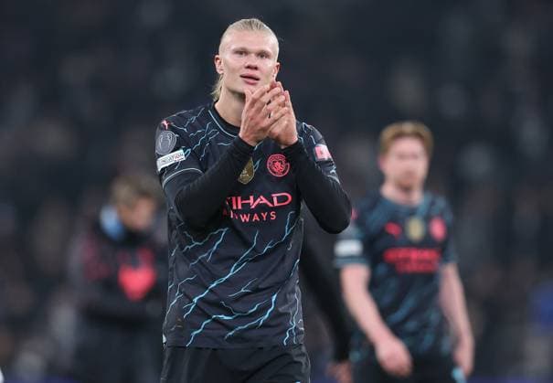 Copenhagen, Denmark, 13th February 2024. Erling Haaland of Manchester City celebrates after the UEFA Champions League match at Telia Parken, Copenhagen. Picture credit should read: Paul Terry Sportimage EDITORIAL USE ONLY. No use with unauthorised audio, video, data, fixture lists, club league logos or live services. Online in-match use limited to 120 images, no video emulation. No use in betting, games or single club league player publications. SPI-2935-0058