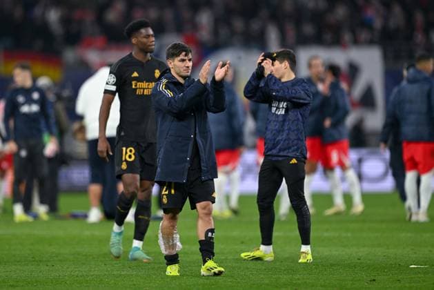 13 02 2024, Football, UCL, UEFA Champions League, Round of 16, Season 2023 2024, RB Leipzig Real Madrid, Brahim Diaz Real Madrid with bandaged calf xRHR PHOTO TKx Copyright: TeresaxKroeger RHR-FOTOx RHR-FOTO TK