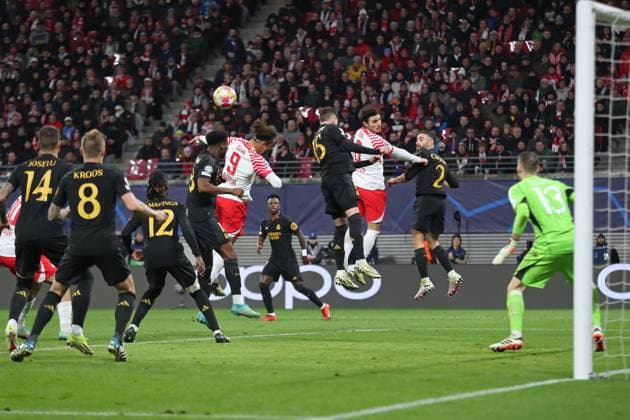 Champions League, Round of 16 RB Leipzig vs Real Madrid, 13 02 24 Eljif Elmas 6, RB Leipzig and Yussuf Poulsen 9, RB Leipzig miss the ball in the penalty area Football, UEFA Champions League, 2023 2024 season, Round of 16 RB Leipzig vs Real Madrid on 13 02 24 at Red Bull Arena, Leipzig Copyright: xBEAUTIFULxSPORTS JanxKaeferx